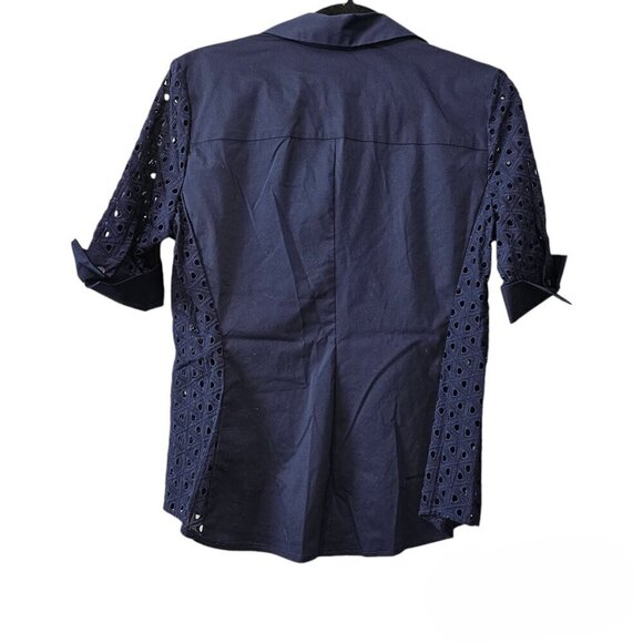 ❤️7th Avenue New York & Company Eyelet Button Up Navy Blue Top - Picture 4 of 5